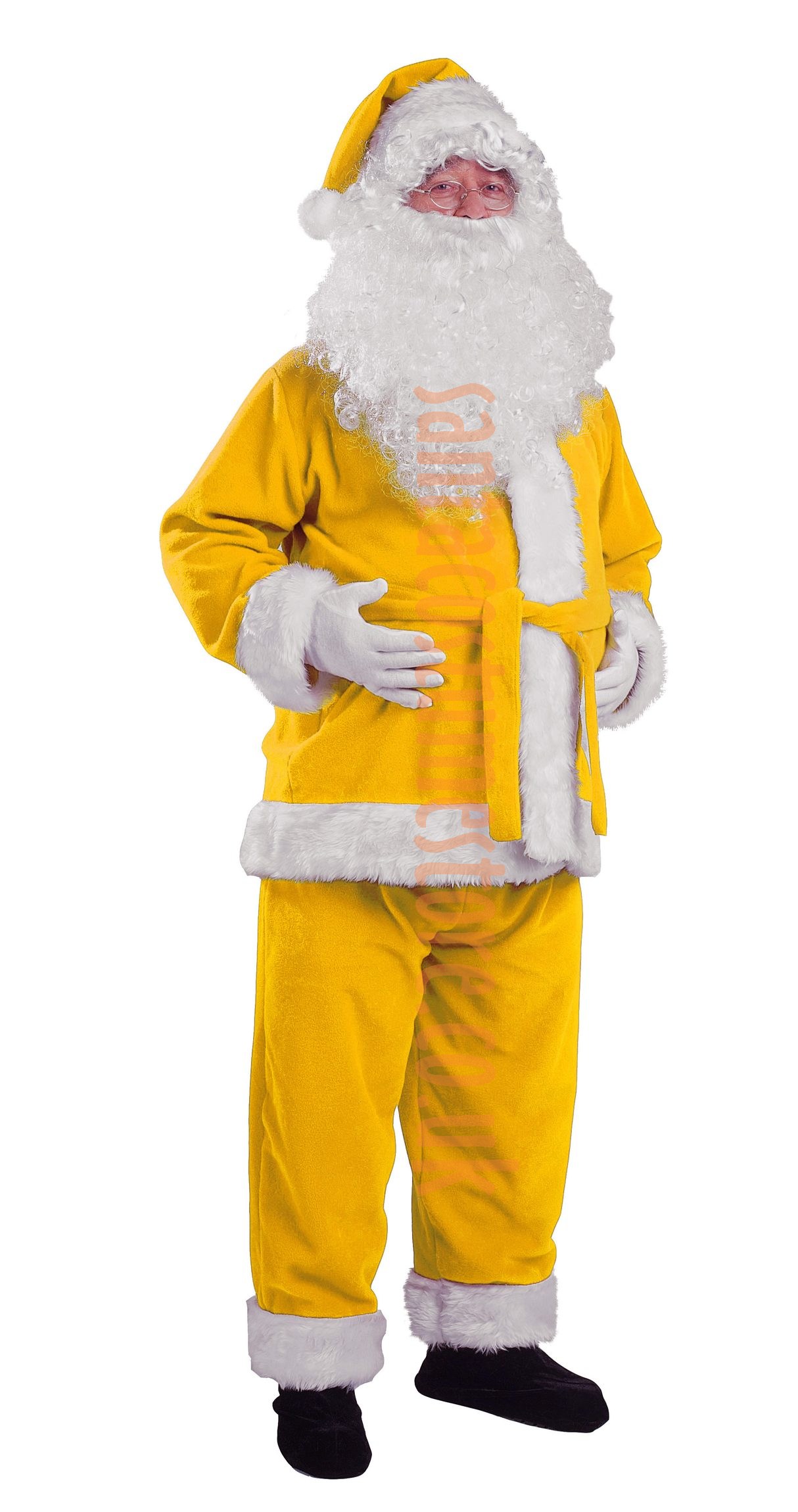 Yellow Santa suit jacket, trousers and hat santacostumestore.co.uk